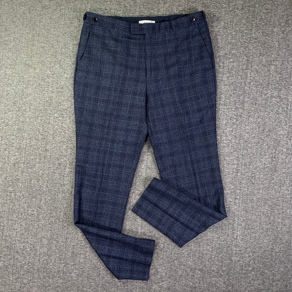 Reiss Wool Pants Men 32x29 Blue Windowpane Dressy Modern Strap